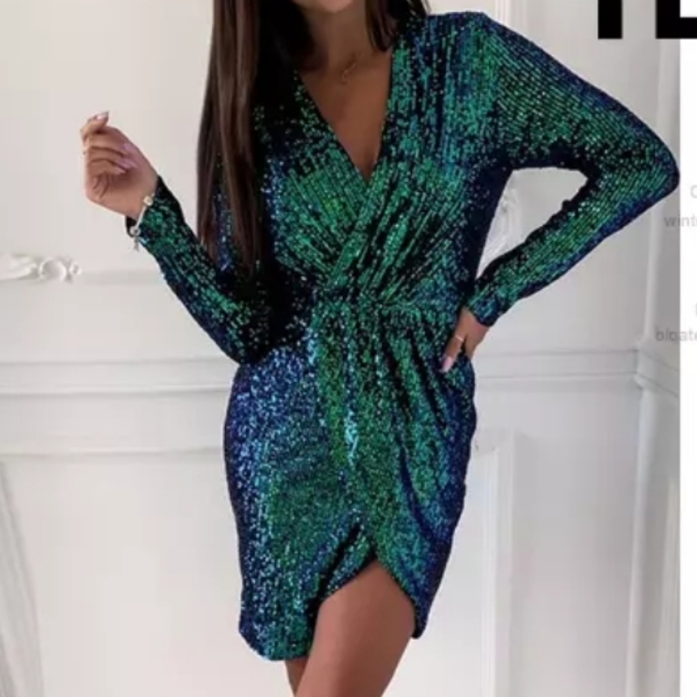 Green Sequins Party Ruched Long Sleeve Dress - Picture 5 of 9